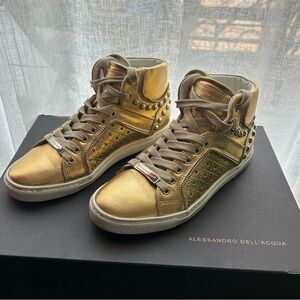 Alessandro Dell'Acqua metallic gold leather high top studded sneakers IT 36/US 6